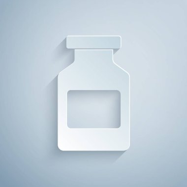 Kağıt kesiği tıp şişesi simgesi gri arka planda izole edilmiş. Şişe hapı işareti. Eczane tasarımı. Kağıt sanatı tarzı. Vektör İllüstrasyonu