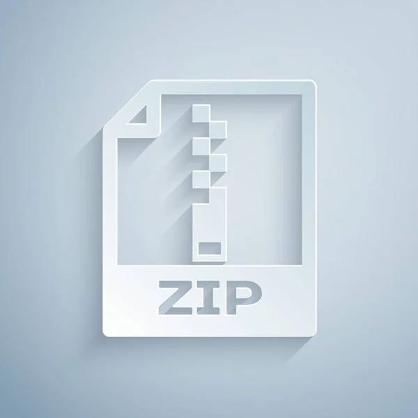 Documento de archivo ZIP de corte de papel. Descargar icono de botón zip aislado sobre fondo gris. Símbolo del archivo ZIP. Estilo de arte de papel. Ilustración vectorial — Vector de stock