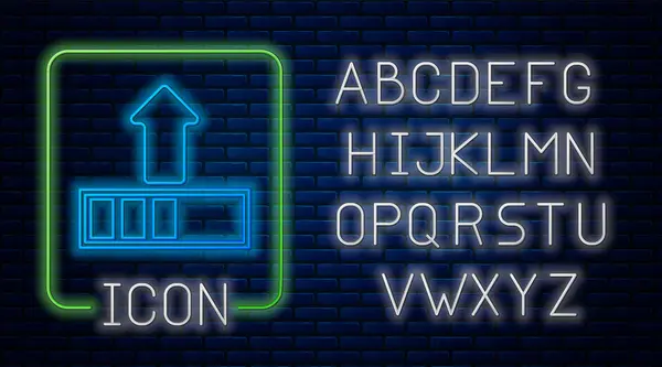 กําลังโหลดไอคอนนีออนเรืองแสงที่แยกจากพื้นหลังผนังอิฐ กําลังอัปโหลด ไอคอนแถบความคืบหน้า ตัวอักษรแสงนีออน ภาพวาดเวกเตอร์ — ภาพเวกเตอร์สต็อก