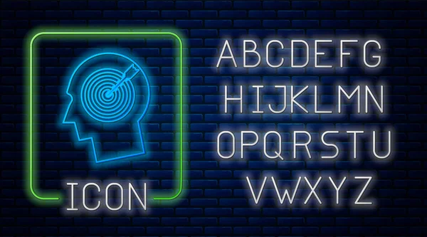 Brilhante neon ícone conceito de caça cabeça isolado no fundo da parede de tijolo. Alvo de negócio ou sinal de emprego. Recursos humanos e recrutamento para as empresas. Alfabeto claro de néon. Ilustração vetorial — Vetor de Stock