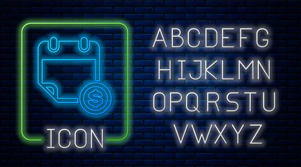 Brilhante neon Ícone do calendário financeiro isolado no fundo da parede de tijolo. Dia de pagamento anual, planejamento orçamentário mensal, conceito de período fixo, duração do empréstimo. Alfabeto claro de néon. Ilustração vetorial — Vetor de Stock