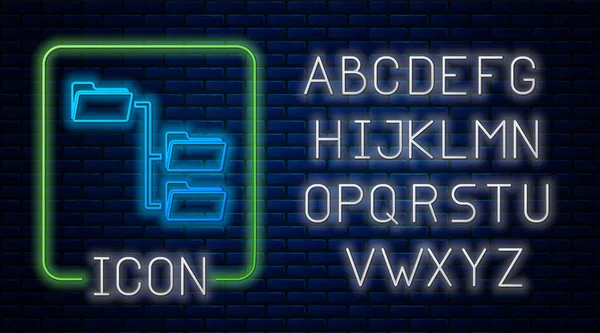 Tuğla duvar arka planda yalıtılmış parlayan neon Klasör ağacı simgesi. Bilgisayar ağı dosya klasörü organizasyon yapısı akış şeması. Neon ışık alfabesi. Vektör İllüstrasyonu — Stok Vektör