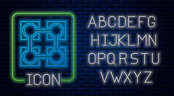 Ícone de tecnologia Blockchain neon brilhante isolado no fundo da parede de tijolo. Dados de criptomoeda. Abstrato geométrico bloco cadeia negócio de tecnologia de rede. Alfabeto claro de néon. Ilustração vetorial — Vetor de Stock