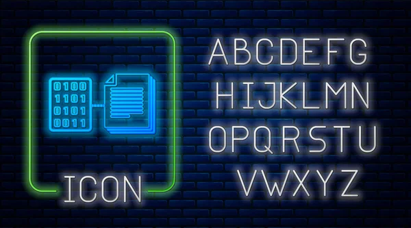 Светящийся неоновый значок Smart контракта изолирован на фоне кирпичной стены. Технология блокчейн, криптовалютная добыча, биткойн, альткоины, рынок цифровых денег. Неоновый легкий алфавит. Векторная миграция — стоковый вектор