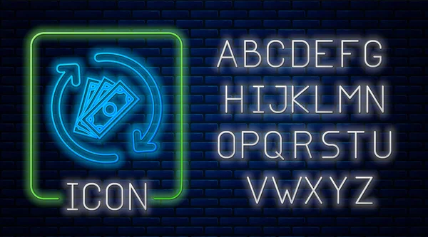 Leuchtendes Neon-Geld-Symbol isoliert auf Ziegelwand-Hintergrund. Finanzdienstleistungen, Cash-Back-Konzept, Geldrückerstattung, Kapitalrendite, Sparkonto. Neonlicht-Alphabet. Vektorillustration — Stockvektor