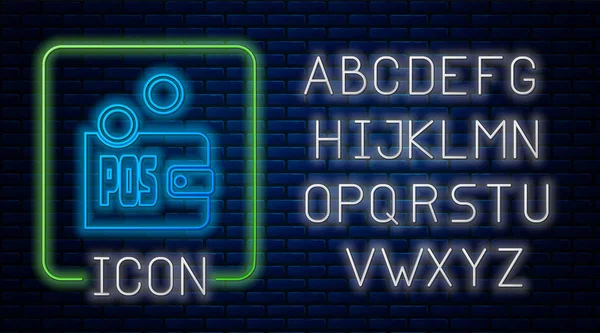 Brilhante neon Prova de ícone de estaca isolado no fundo da parede de tijolo. Criptomoeda economia e coleta de finanças. Alfabeto claro de néon. Ilustração vetorial —  Vetores de Stock