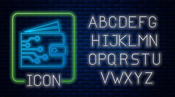 Świecąca ikona portfela kryptowaluta Neon izolowane na tle muru ceglanego. Portfel i znak Bitcoin. Koncepcja górnictwa. Pieniądze, płatność, gotówka, ikona płacy. Neon światła alfabetu. Ilustracja wektorowa — Wektor stockowy