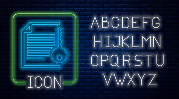 Ícone de contrato inteligente neon brilhante isolado no fundo da parede de tijolo. Tecnologia Blockchain, mineração criptomoeda, bitcoin, altcoins, mercado monetário digital. Alfabeto claro de néon. Ilustração vetorial — Vetor de Stock