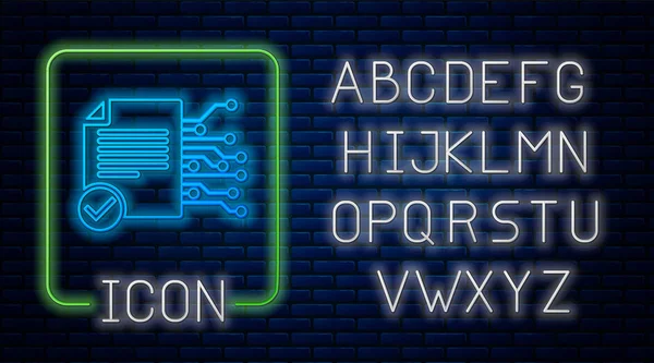 Ícone de contrato inteligente neon brilhante isolado no fundo da parede de tijolo. Tecnologia Blockchain, mineração criptomoeda, bitcoin, altcoins, mercado monetário digital. Alfabeto claro de néon. Ilustração vetorial — Vetor de Stock