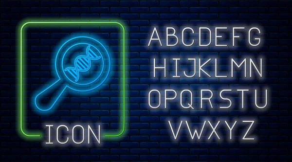 Świecące badania DNA Neon, ikona wyszukiwania izolowane na tle muru ceglanego. Szkło powiększające i łańcuch DNA. Inżynieria genetyczna, klonowanie, testowanie ojcostwa. Neon światła alfabetu. Ilustracja wektorowa — Wektor stockowy