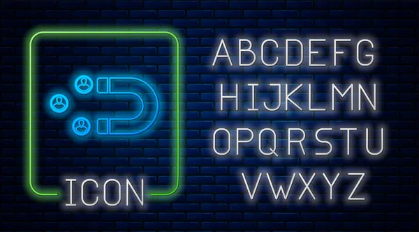 Parlayan neon Müşteri tuğla duvar arka plan izole simgesi çekiyor. Müşteri saklama, destek ve hizmet. Mıknatısla çeken müşteriler. Neon ışık alfabesi. Vektör İllüstrasyonu — Stok Vektör