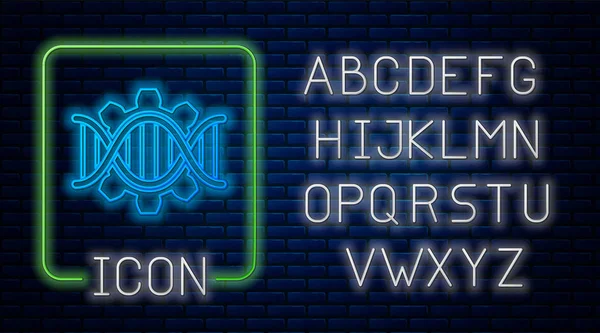 Ícone de engenharia genética brilhante néon isolado no fundo da parede de tijolo. Análise de ADN, testes genéticos, clonagem, testes de paternidade. Alfabeto claro de néon. Ilustração vetorial — Vetor de Stock