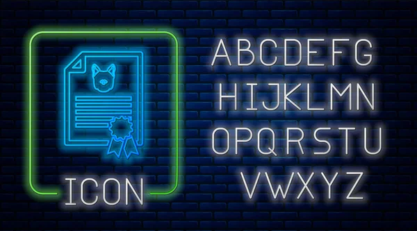 Néon brilhante Certificado médico para viagens com cão ou gato ícone isolado no fundo da parede de tijolo. Documento para animais. Impressão de pata de cão ou gato. Alfabeto claro de néon. Ilustração vetorial — Vetor de Stock