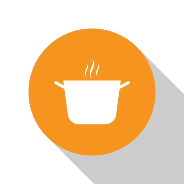 Fehér főző pot ikon izolált fehér háttér. Forraljuk vagy pörkölt élelmiszer-szimbólum. Narancssárga kör gomb. Vektoros illusztráció — Stock Vector