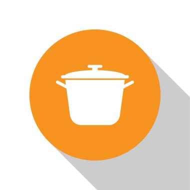 Beyaz Pişirme pot simgesi beyaz arka plan üzerinde izole. Kaynatın veya güveç gıda sembolü. Turuncu daire düğmesi. Vektör İllüstrasyonu