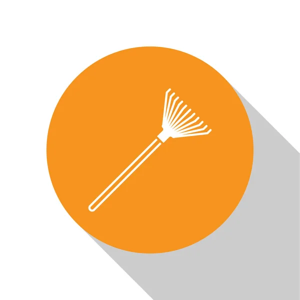 White Garden rake for leaves icon isolated on white background. Tool for horticulture, agriculture, farming. Ground cultivator. Orange circle button. Vector Illustration — Stock Vector