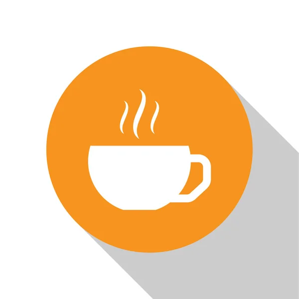 Tasse à café blanche icône plate isolée sur fond blanc. Une tasse de thé. Café chaud. Bouton rond orange. Illustration vectorielle — Image vectorielle