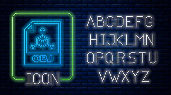 Świecący Neon plik obj dokumentu. Pobierz obj ikona przycisku izolowane na tle muru ceglanego. Symbol pliku obj. Neon światła alfabetu. Ilustracja wektorowa — Wektor stockowy