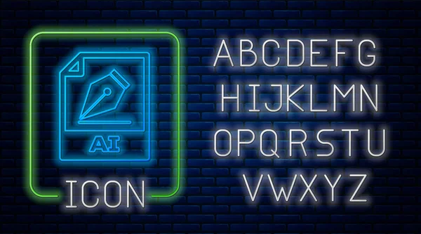 Documento de arquivo AI de néon brilhante. Baixar ícone de botão ai isolado no fundo da parede de tijolo. Símbolo do ficheiro AI. Alfabeto claro de néon. Ilustração vetorial — Vetor de Stock
