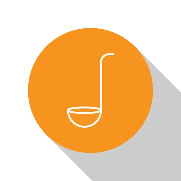Ícone branco da concha da cozinha isolado no fundo branco. Utensílio de cozinha. Sinal de colher de talheres. Botão laranja círculo. Ilustração vetorial — Vetor de Stock