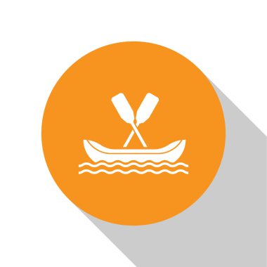 Beyaz rafting tekne simgesi beyaz arka plan üzerinde izole. Kürekli kayak. Su sporları, ekstrem sporlar, tatil, tatil, takım kurma. Turuncu daire düğmesi. Vektör İllüstrasyonu