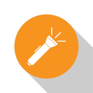 Beyaz El feneri simgesi beyaz arkaplanda izole edildi. Turuncu daire düğmesi. Vektör İllüstrasyonu