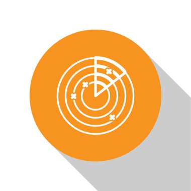 Beyaz arka plan üzerinde izole simgesi arama monitörde hedefleri ile Beyaz Radar. Askeri arama sistemi. Donanma sonar. Turuncu daire düğmesi. Vektör İllüstrasyonu