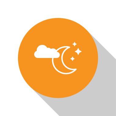 Beyaz arka planda yalıtılmış ay ve yıldız simgesine sahip Beyaz Bulut. Bulutlu gece işareti. Uyku rüyaları sembolü. Gece ya da yatak saati işareti. Turuncu daire düğmesi. Vektör İllüstrasyonu