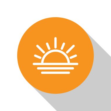 Beyaz arkaplanda beyaz günbatımı simgesi izole edildi. Turuncu daire düğmesi. Vektör İllüstrasyonu