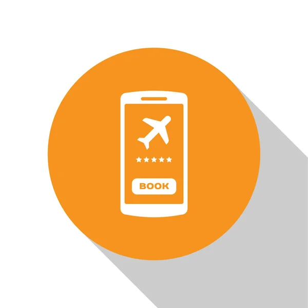 Weißes Smartphone mit elektronischem Bordkartensymbol auf weißem Hintergrund. Handyticket für das Passagierflugzeug für Web und App. orange Kreis-Taste. Vektorillustration — Stockvektor