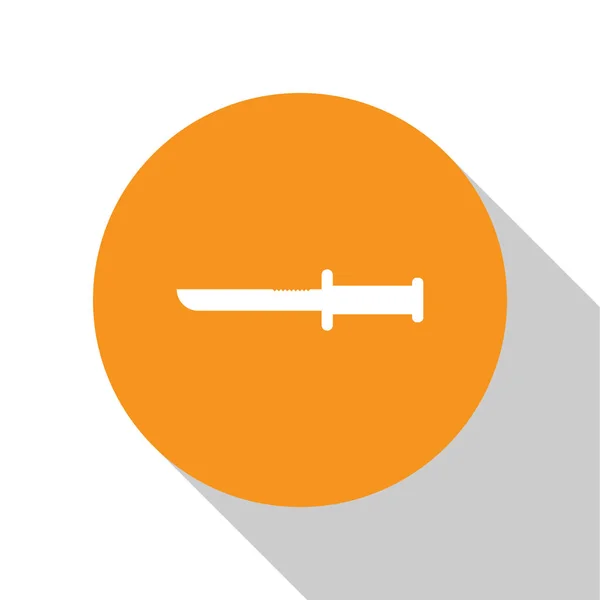 Icono de cuchillo militar blanco aislado sobre fondo blanco. Botón círculo naranja. Ilustración vectorial — Vector de stock