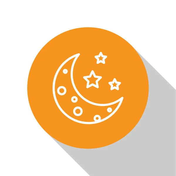 Icona Luna Bianca e stelle isolata su sfondo bianco. Pulsante cerchio arancione. Illustrazione vettoriale — Vettoriale Stock