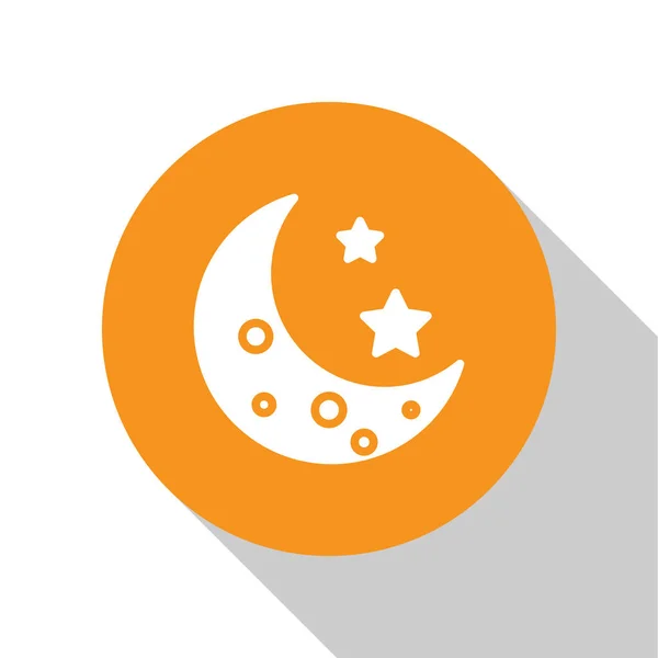 Beyaz Ay ve yıldızlar simgesi beyaz arka planda izole. Turuncu daire düğmesi. Vektör İllüstrasyonu — Stok Vektör
