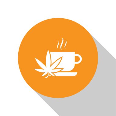 Beyaz arka plan üzerinde izole esrar veya esrar yaprağı simgesi ile Beyaz Fincan çay. Marihuana yasallaştırma. Kenevir sembolü. Turuncu daire düğmesi. Vektör İllüstrasyonu