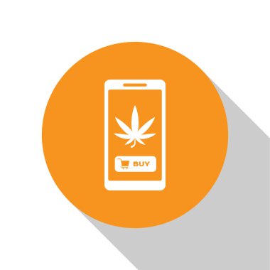Beyaz cep telefonu ve tıbbi marihuana veya beyaz arka planda izole edilmiş kenevir yaprağı ikonu. İnternetten satın alma sembolü. Süpermarket sepeti. Turuncu daire düğmesi. Vektör İllüstrasyonu