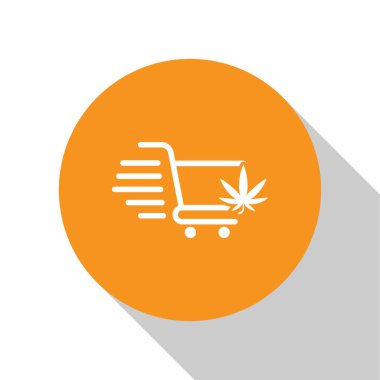 Beyaz arka planda izole marihuana veya esrar yaprağı simgesi ile Beyaz Alışveriş sepeti. Online satın alma. Teslimat hizmeti. Süpermarket sepeti. Turuncu daire düğmesi. Vektör İllüstrasyonu