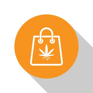 Beyaz arka planda izole edilmiş tıbbi marihuana ya da kenevir yaprağı ikonu dolu beyaz alışveriş torbası. Kenevir almak. Kenevir sembolü. Turuncu daire düğmesi. Vektör İllüstrasyonu