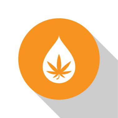 Beyaz arka planda izole edilmiş beyaz tıbbi marihuana veya kenevir yaprağı zeytinyağı damlası ikonu. Esrar özütü. Kenevir sembolü. Turuncu daire düğmesi. Vektör İllüstrasyonu