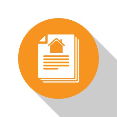 Beyaz Saray sözleşme simgesi beyaz arka plan üzerinde izole. Sözleşme oluşturma hizmeti, belge oluşturma, başvuru formu kompozisyonu. Turuncu daire düğmesi. Vektör İllüstrasyonu