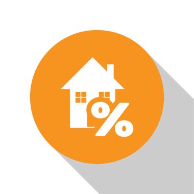 Beyaz Beyaz Saray beyaz arka planda izole percant indirim etiketi simgesi ile. Ev yüzdesi işaret fiyatı. Emlak evi. Kredi yüzdesi sembolü. Turuncu daire düğmesi. Vektör İllüstrasyonu