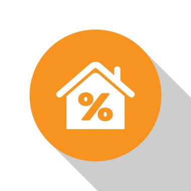 Beyaz Beyaz Saray beyaz arka planda izole percant indirim etiketi simgesi ile. Ev yüzdesi işaret fiyatı. Emlak evi. Kredi yüzdesi sembolü. Turuncu daire düğmesi. Vektör İllüstrasyonu