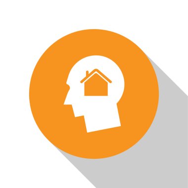 Beyaz Adam beyaz arka plan üzerinde izole yeni bir ev simgesi satın alma hakkında hayal. Turuncu daire düğmesi. Vektör İllüstrasyonu