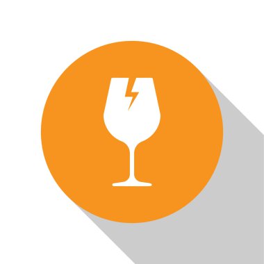 Beyaz arka plan üzerinde izole teslim kutuları simgesi için Beyaz Kırılgan kırık cam sembolü. Turuncu daire düğmesi. Vektör İllüstrasyonu