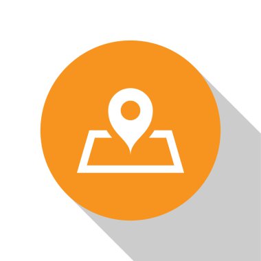 Beyaz arka planda yalıtılmış perspektif simgesinde harita kağıdındaki Beyaz Yer Tutucu. Turuncu daire düğmesi. Vektör İllüstrasyonu