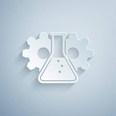 Kağıt kesme Biyomühendislik simgesi gri arka plan üzerinde izole. Genetik ve biyomühendislik simgesinin unsuru. Biyoloji, molekül, kimyasal ikon. Kağıt sanat tarzı. Vektör İllüstrasyonu