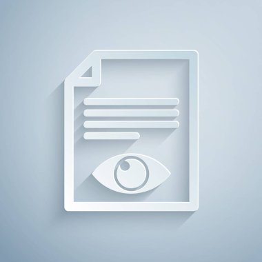 Kağıt kesilmiş Gri arka planda izole göz simgesi simgesi ile Kağıt sayfası. Bilgi dosyası işaretini açın. Kağıt sanat tarzı. Vektör İllüstrasyonu