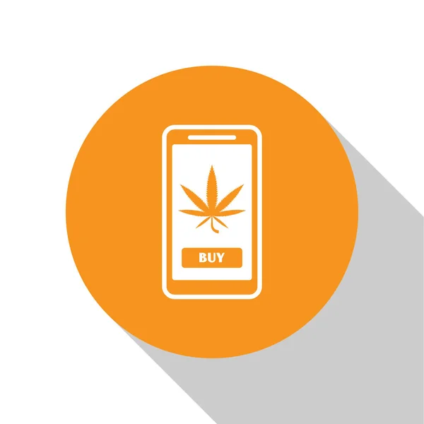 Teléfono móvil blanco y marihuana medicinal o icono de la hoja de cannabis aislado sobre fondo blanco. Símbolo de compra online. Cesta del supermercado. Botón círculo naranja. Ilustración vectorial — Archivo Imágenes Vectoriales