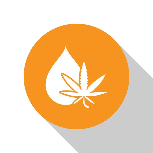 White Medicinale marihuana of cannabis blad olijfolie drop icoon geïsoleerd op witte achtergrond. Cannabisextract. Hennep symbool. Oranje cirkel knop. Vector Illustratie — Stockvector