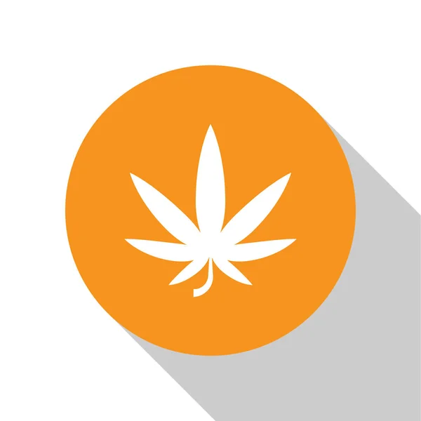 Icona di marijuana medica bianca o foglia di cannabis isolata su sfondo bianco. Simbolo di canapa. Pulsante cerchio arancione. Illustrazione vettoriale — Vettoriale Stock