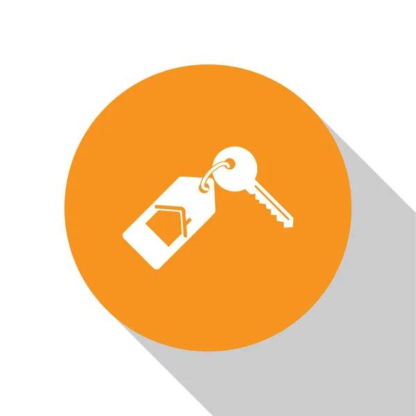 Casa Blanca con icono clave aislado sobre fondo blanco. El concepto de llave en mano de la casa. Botón círculo naranja. Ilustración vectorial — Archivo Imágenes Vectoriales